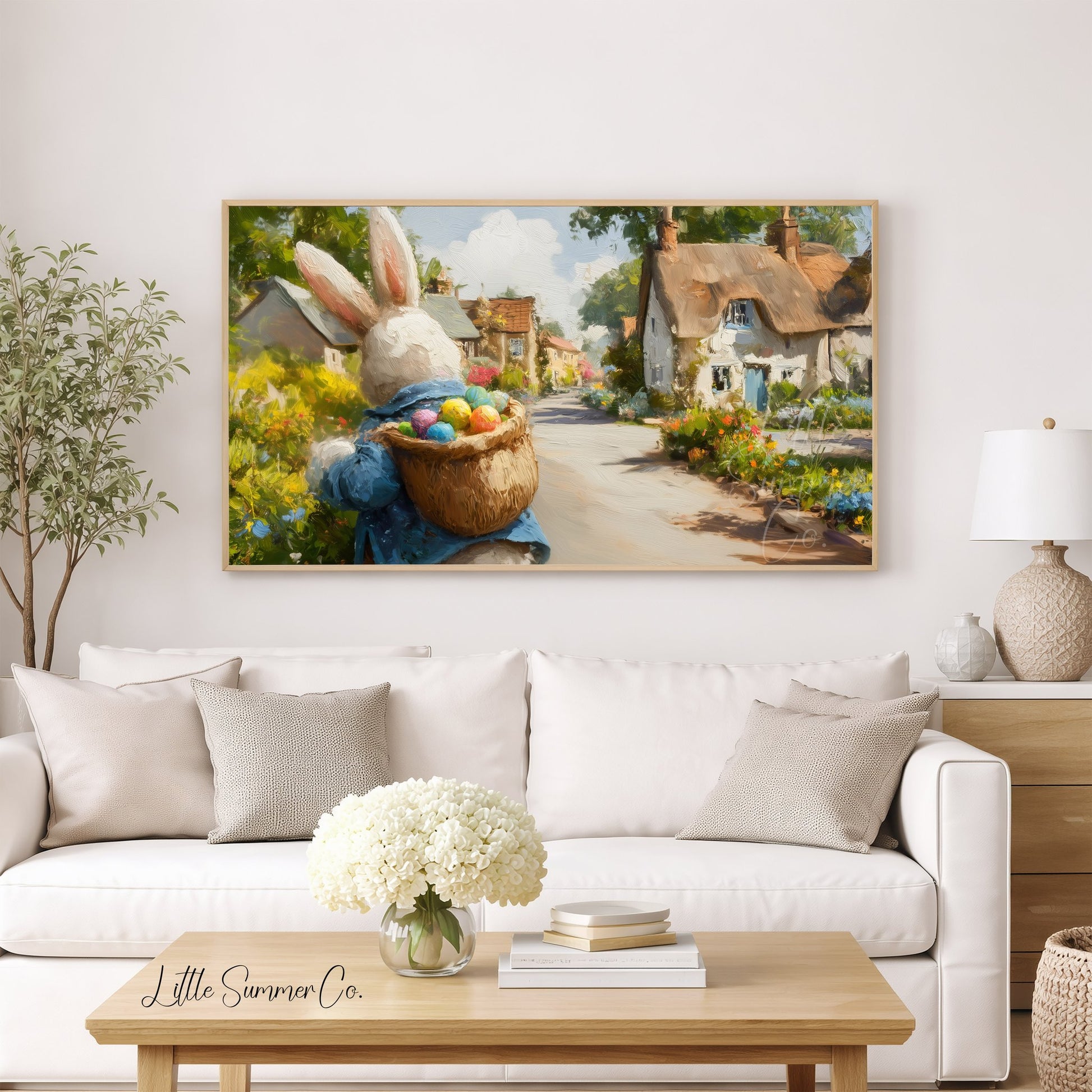 Easter Bunny Thatched Village Frame TV Art displayed on a TV