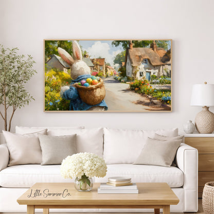 Easter Bunny Thatched Village Frame TV Art displayed on a TV