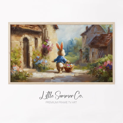 Easter Bunny in Rustic Village Frame TV Art displayed on a TV