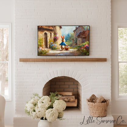 Easter Bunny in Rustic Village Frame TV Art displayed on a TV