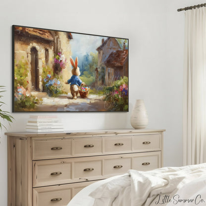 Easter Bunny in Rustic Village Frame TV Art displayed on a TV