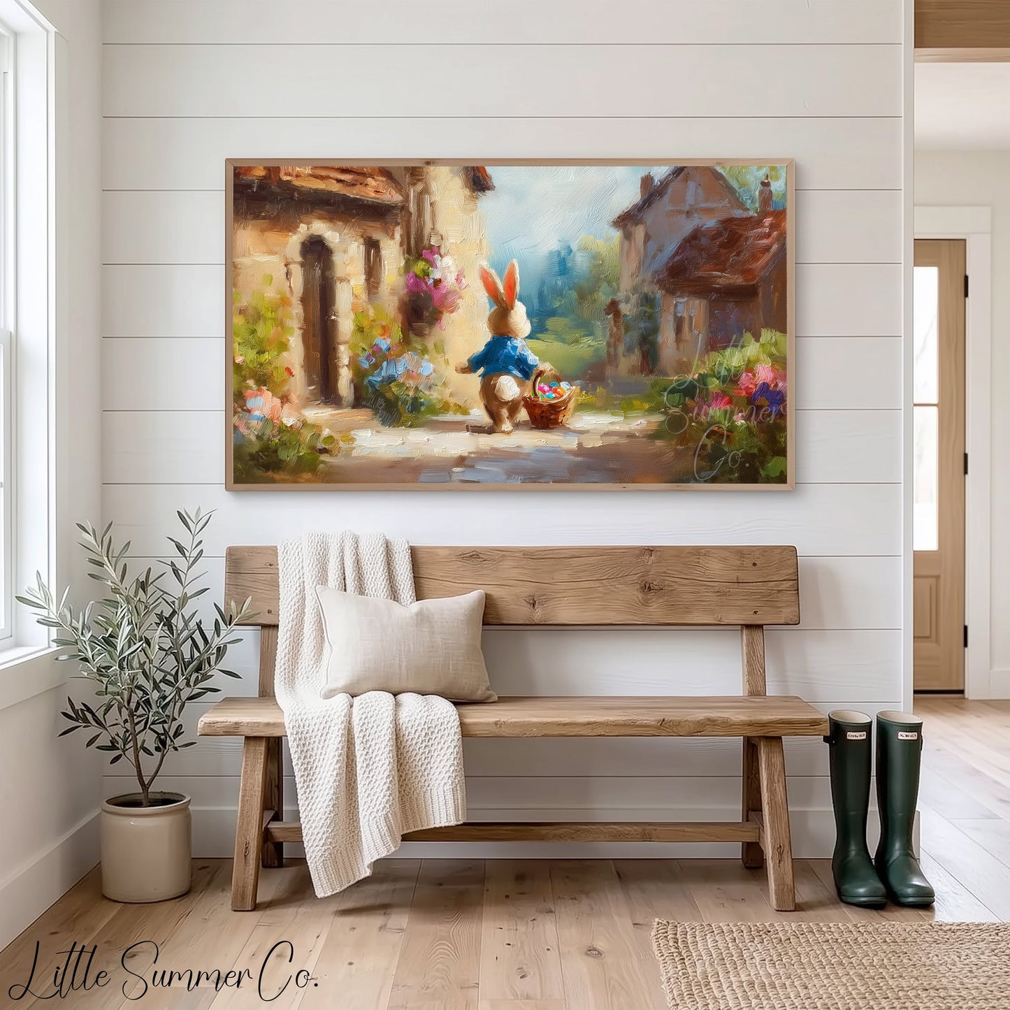 Easter Bunny in Rustic Village Frame TV Art displayed on a TV