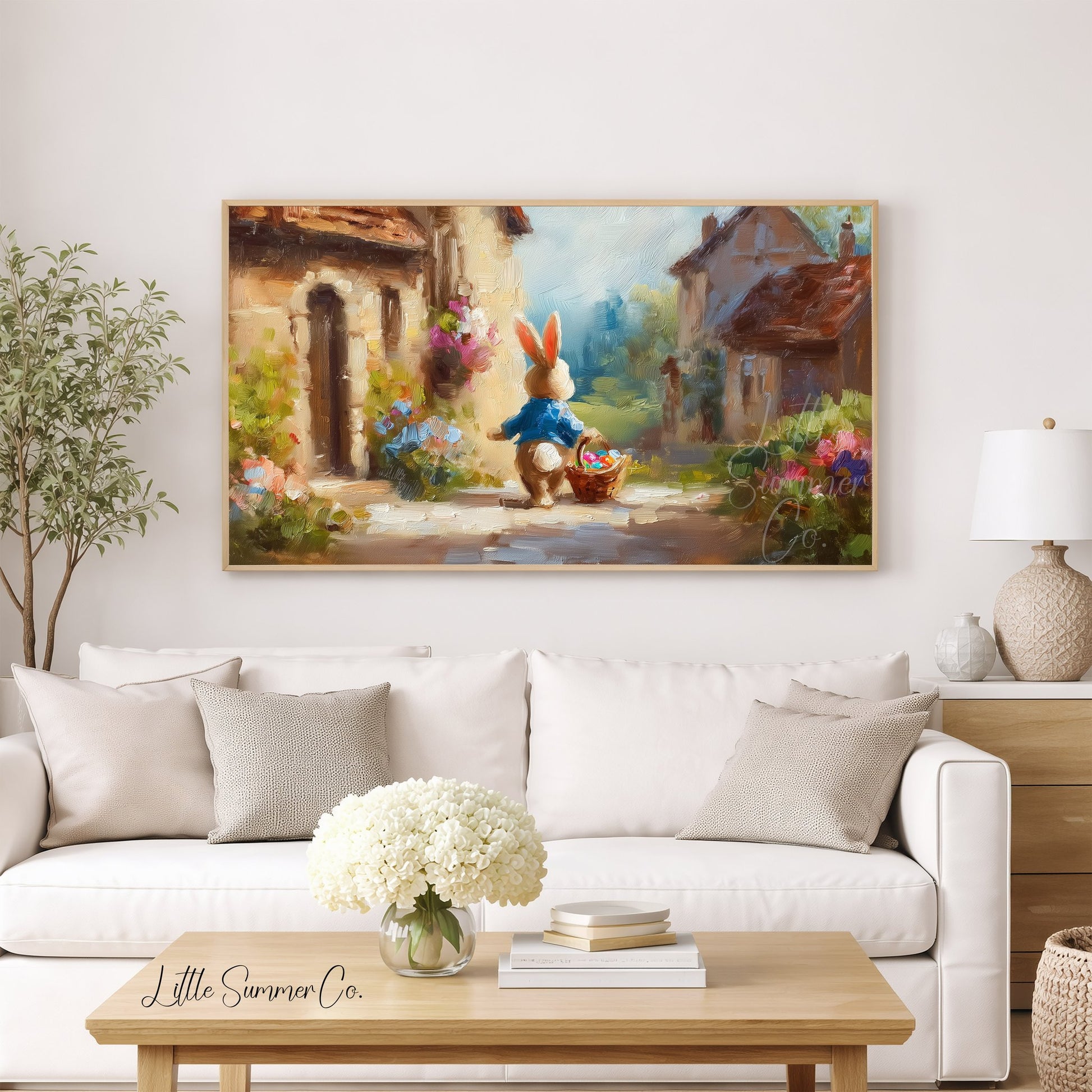 Easter Bunny in Rustic Village Frame TV Art displayed on a TV