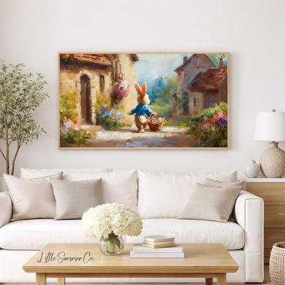 Easter Bunny in Rustic Village Frame TV Art displayed on a TV