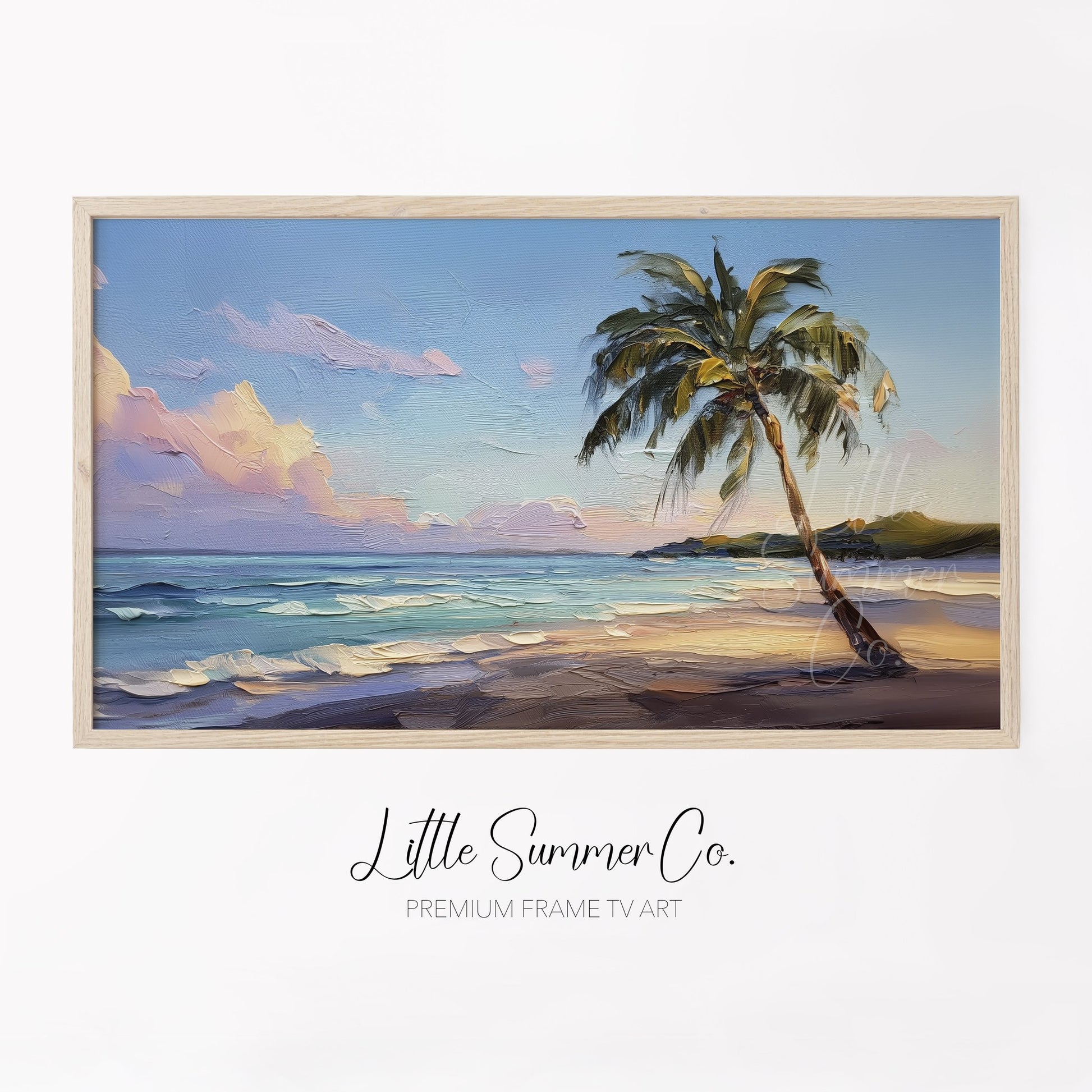 Palm Tree Beach Sunset Frame TV Art displayed on a TV