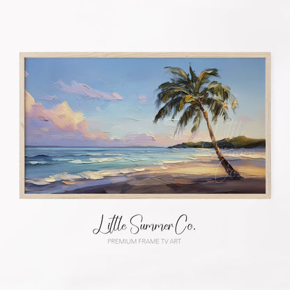 Palm Tree Beach Sunset Frame TV Art displayed on a TV