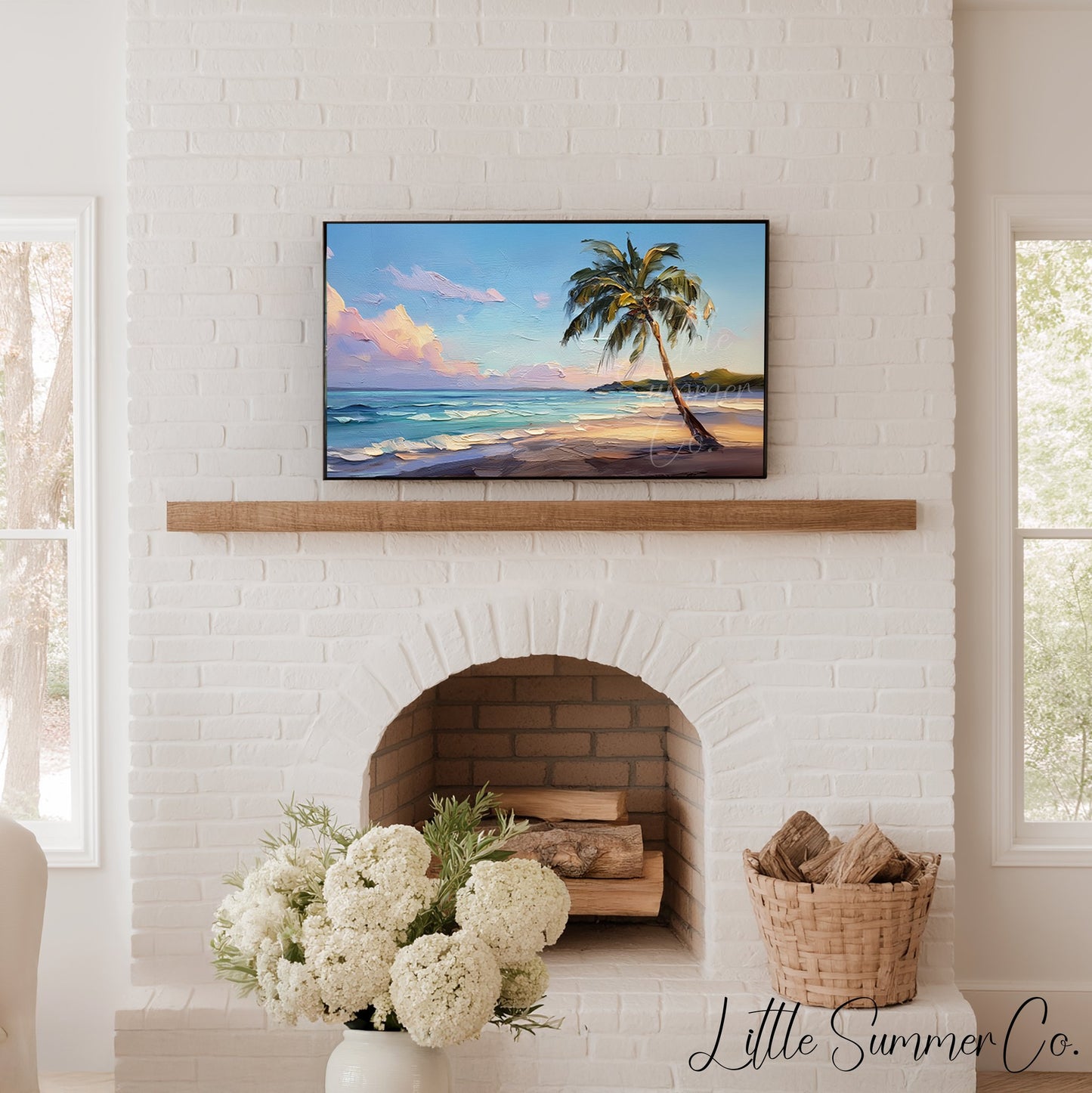 Palm Tree Beach Sunset Frame TV Art displayed on a TV