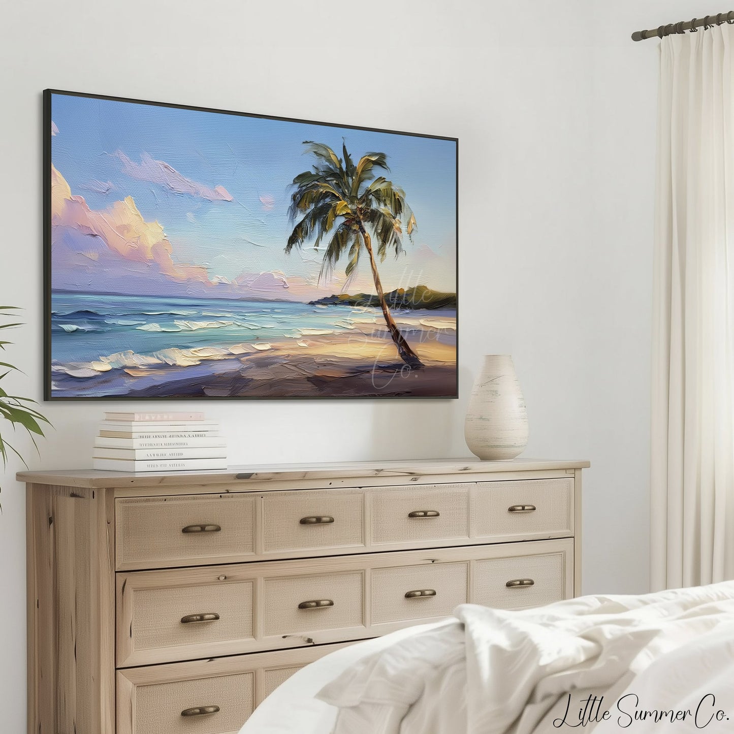 Palm Tree Beach Sunset Frame TV Art displayed on a TV