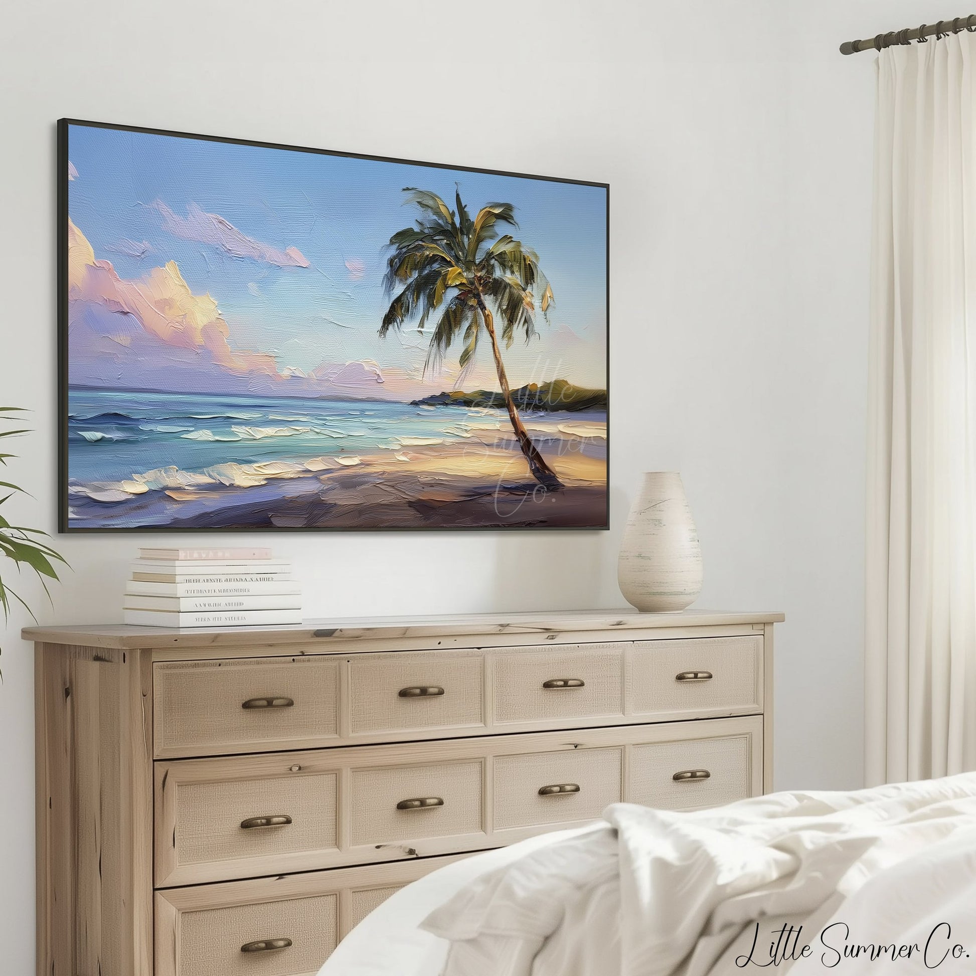 Palm Tree Beach Sunset Frame TV Art displayed on a TV