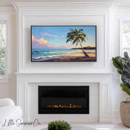Palm Tree Beach Sunset Frame TV Art displayed on a TV
