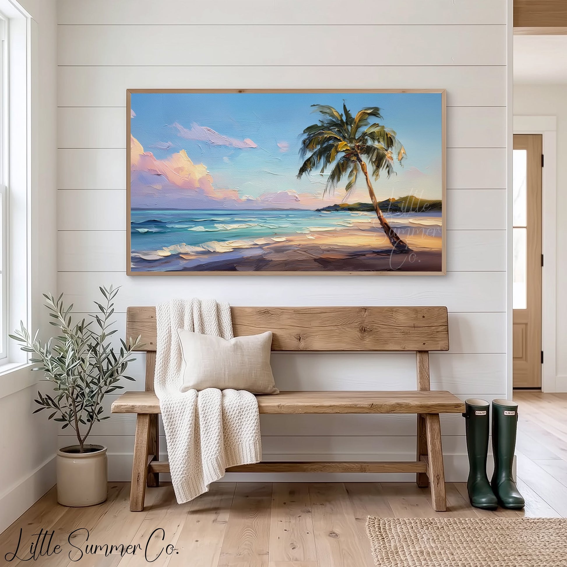 Palm Tree Beach Sunset Frame TV Art displayed on a TV