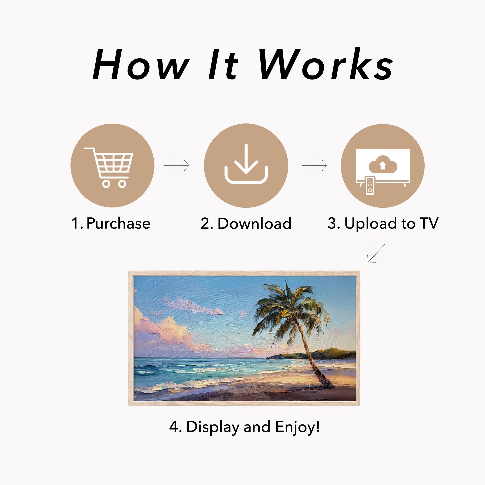 Palm Tree Beach Sunset Frame TV Art displayed on a TV