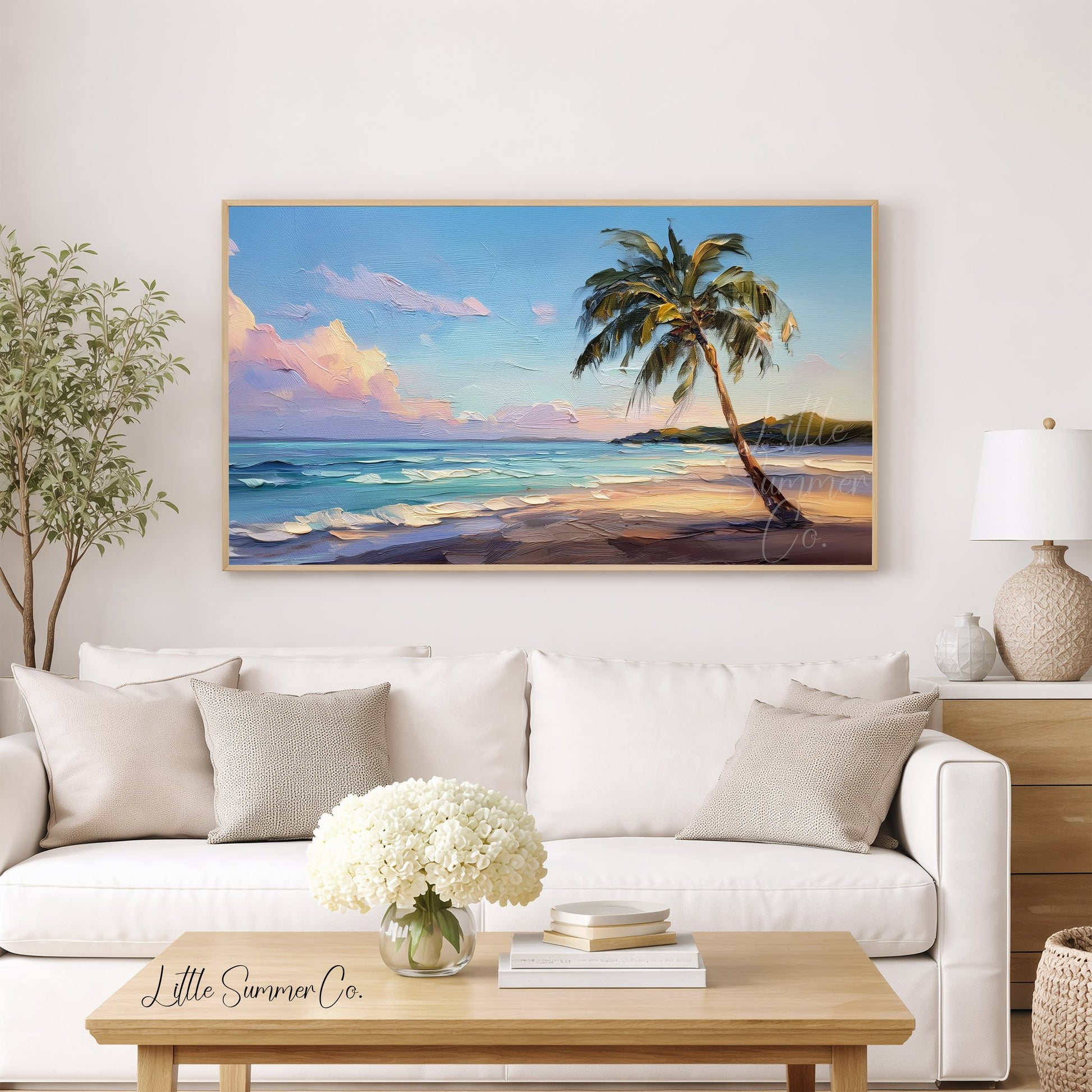 Palm Tree Beach Sunset Frame TV Art displayed on a TV