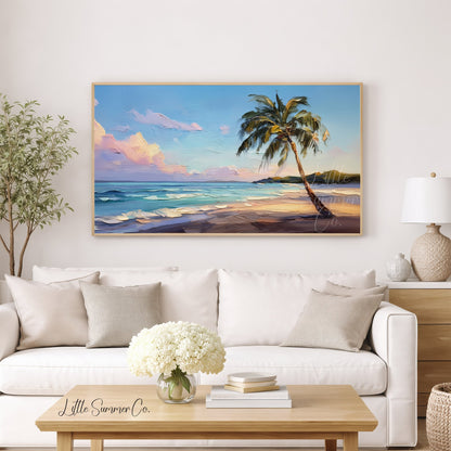 Palm Tree Beach Sunset Frame TV Art displayed on a TV