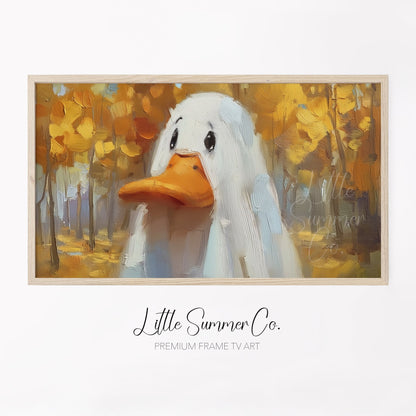 White Duck in Autumn Forest Frame TV Art displayed on a TV
