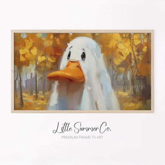 White Duck in Autumn Forest Frame TV Art displayed on a TV