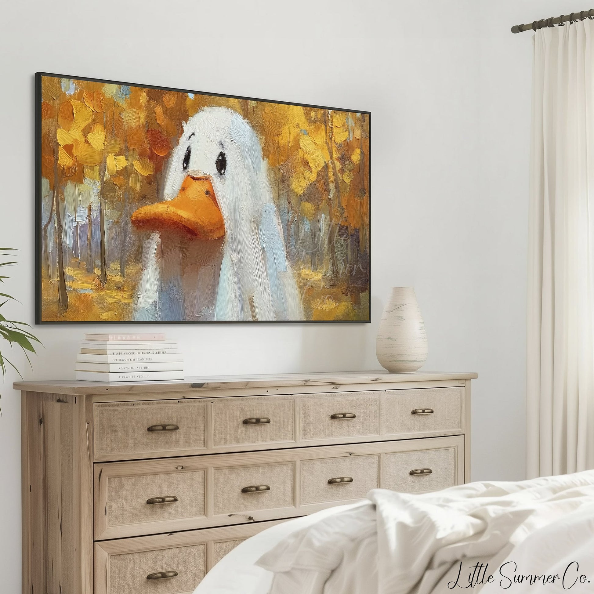 White Duck in Autumn Forest Frame TV Art displayed on a TV