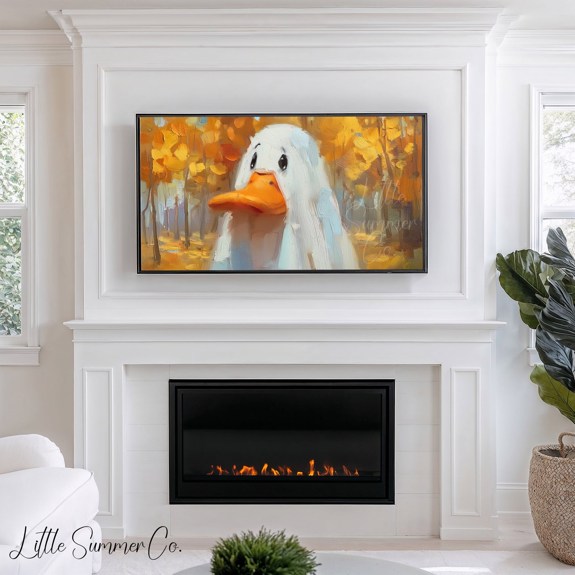 White Duck in Autumn Forest Frame TV Art displayed on a TV