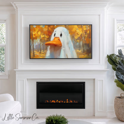 White Duck in Autumn Forest Frame TV Art displayed on a TV