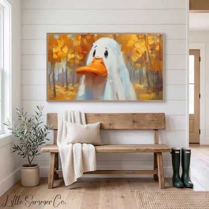 White Duck in Autumn Forest Frame TV Art displayed on a TV