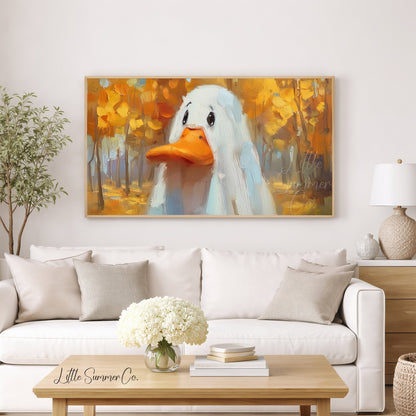White Duck in Autumn Forest Frame TV Art displayed on a TV