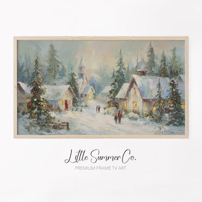 Snowy Christmas Village At Dusk Frame TV Art displayed on a TV