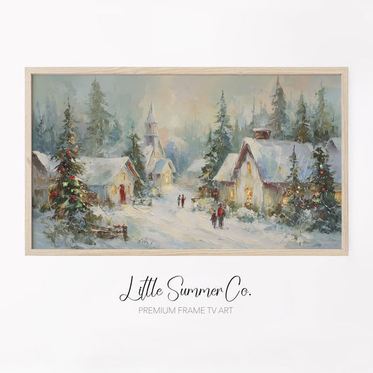 Snowy Christmas Village At Dusk Frame TV Art displayed on a TV