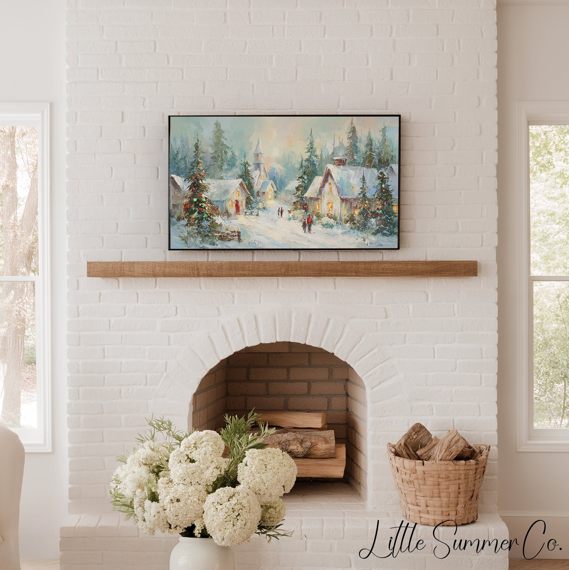 Snowy Christmas Village At Dusk Frame TV Art displayed on a TV