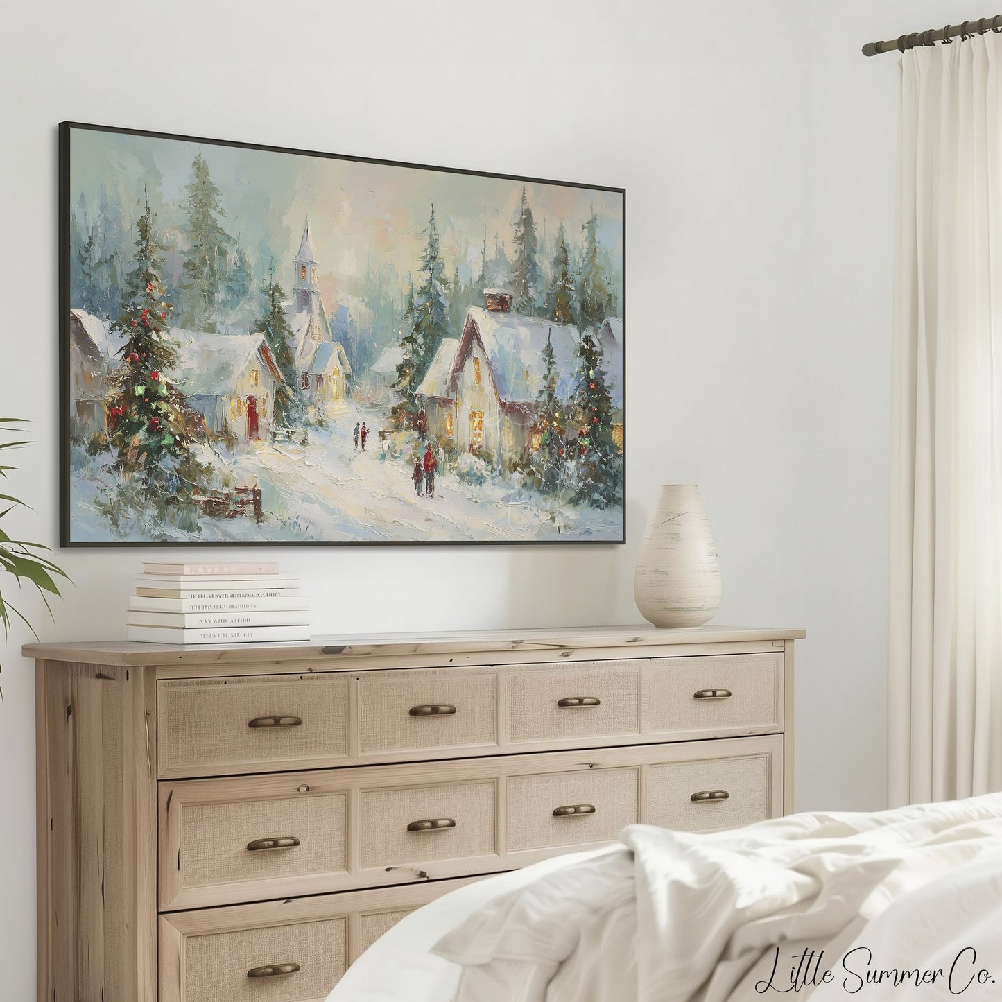 Snowy Christmas Village At Dusk Frame TV Art displayed on a TV