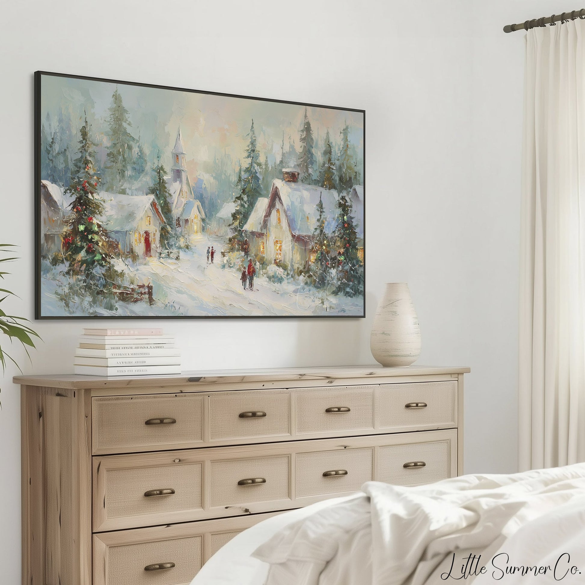 Snowy Christmas Village At Dusk Frame TV Art displayed on a TV