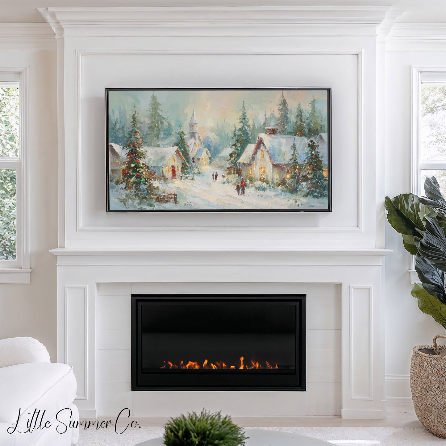 Snowy Christmas Village At Dusk Frame TV Art displayed on a TV
