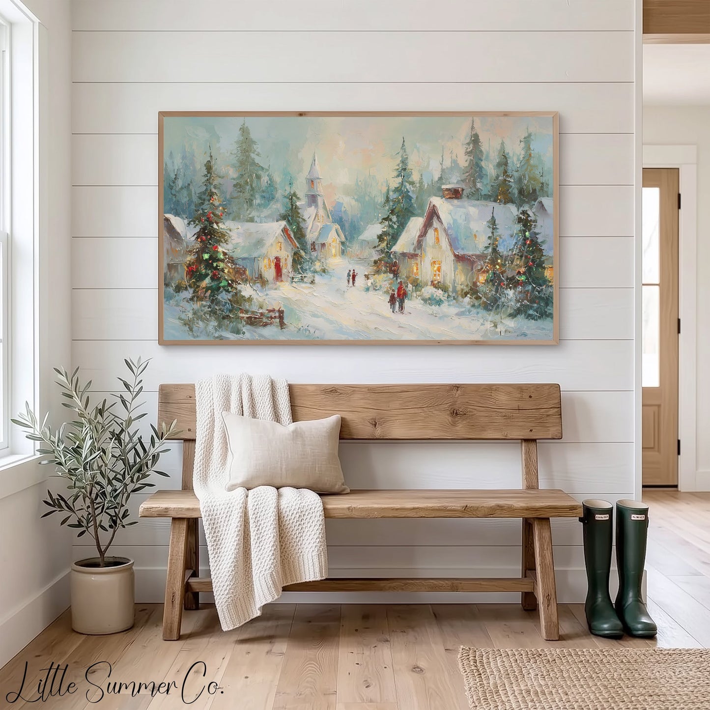 Snowy Christmas Village At Dusk Frame TV Art displayed on a TV