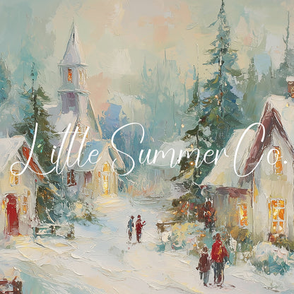 Snowy Christmas Village At Dusk Frame TV Art displayed on a TV