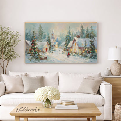 Snowy Christmas Village At Dusk Frame TV Art displayed on a TV