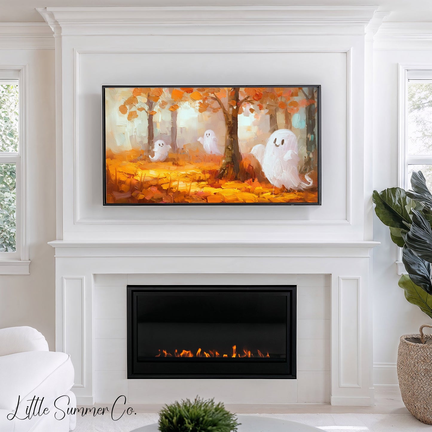 Friendly Autumn Ghosts Frame TV Art displayed on a TV