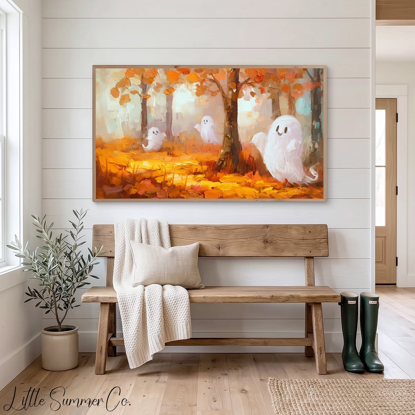 Friendly Autumn Ghosts Frame TV Art displayed on a TV