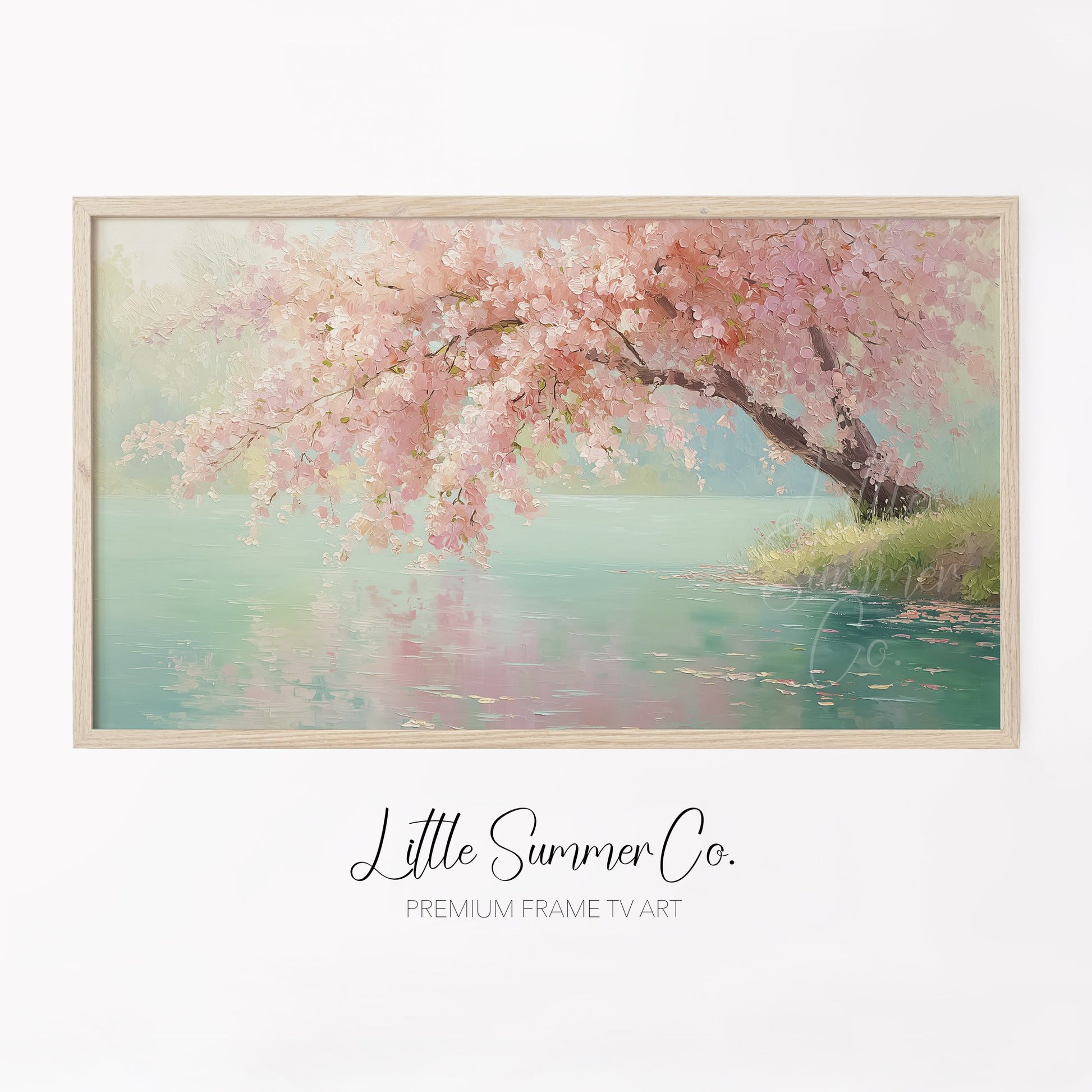 Cherry Blossom Over Teal Pond Frame TV Art displayed on a TV