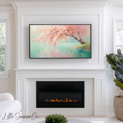 Cherry Blossom Over Teal Pond Frame TV Art displayed on a TV