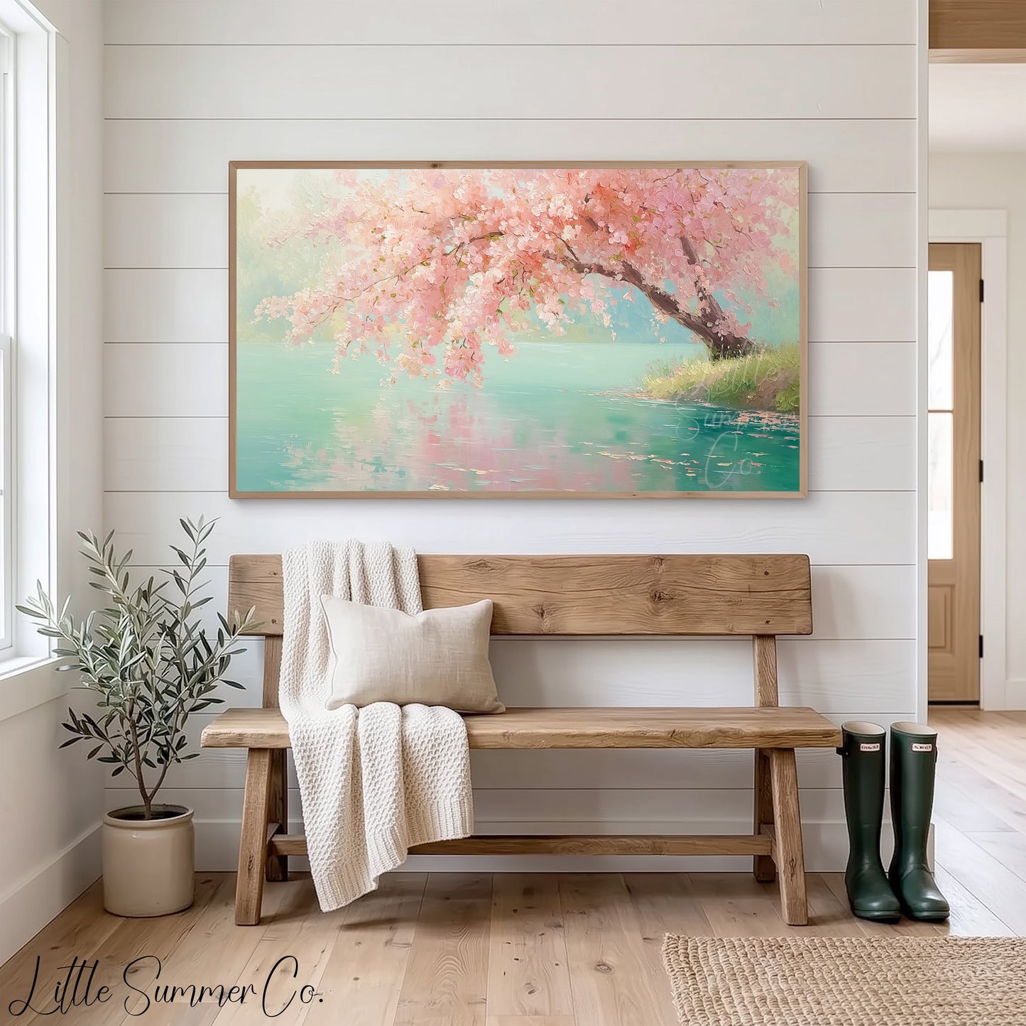 Cherry Blossom Over Teal Pond Frame TV Art displayed on a TV