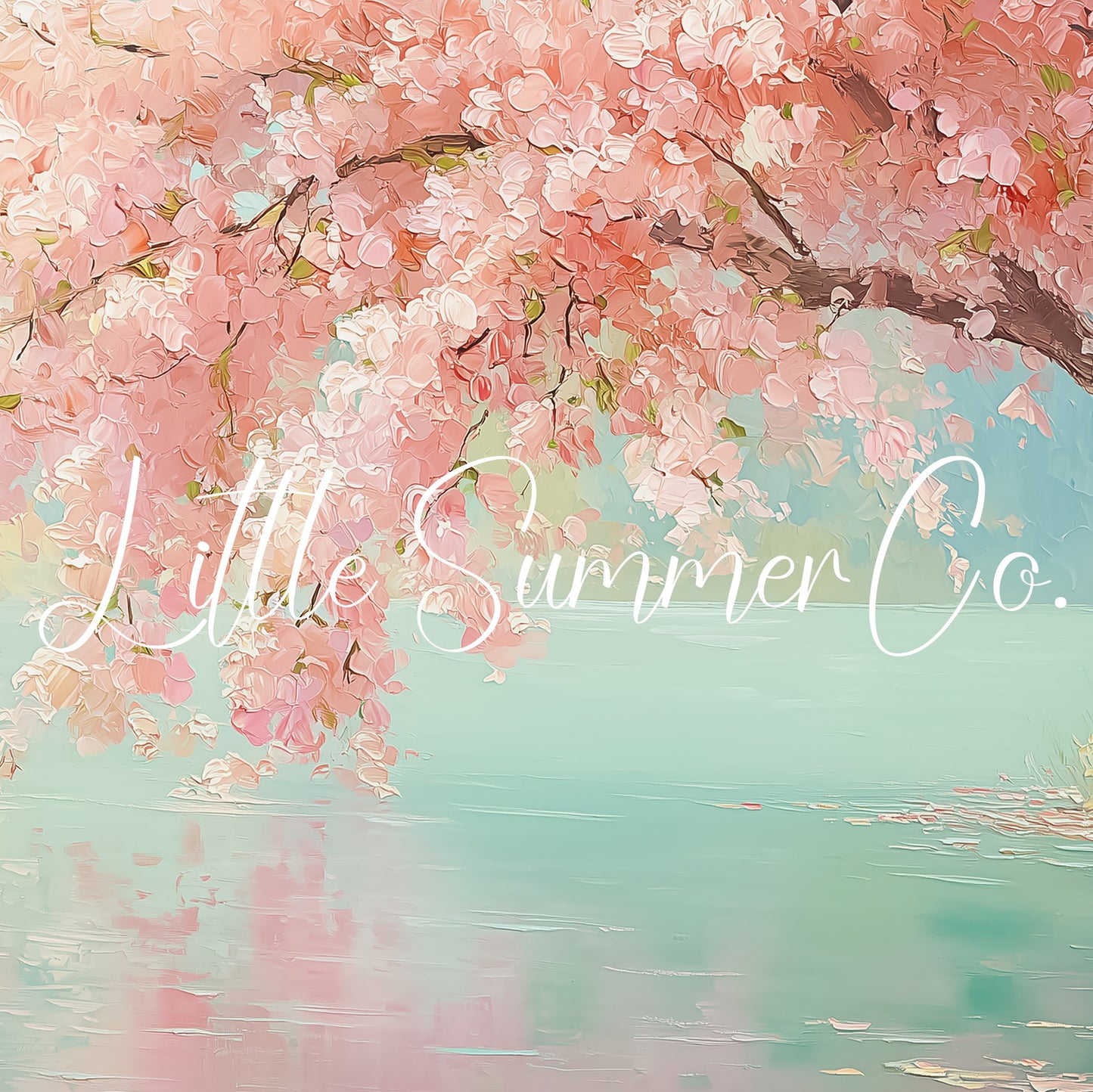 Cherry Blossom Over Teal Pond Frame TV Art displayed on a TV