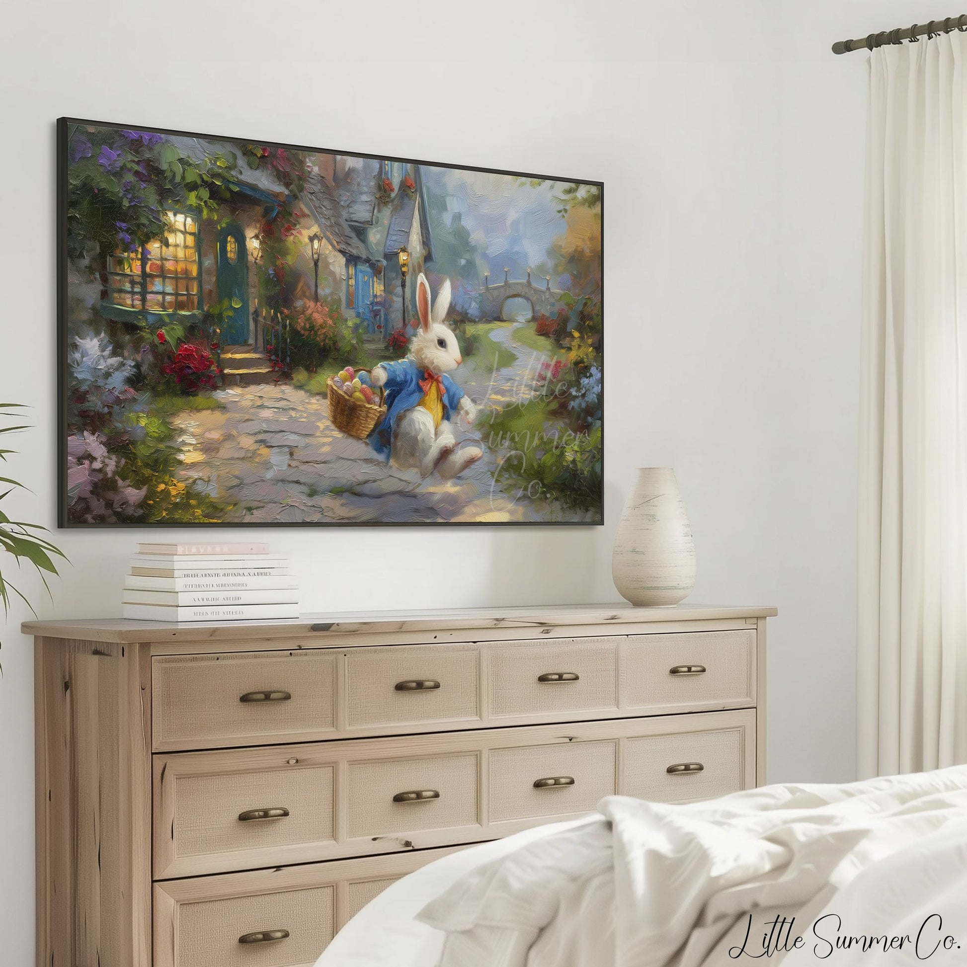 Easter Bunny with Egg Basket Frame TV Art displayed on a TV