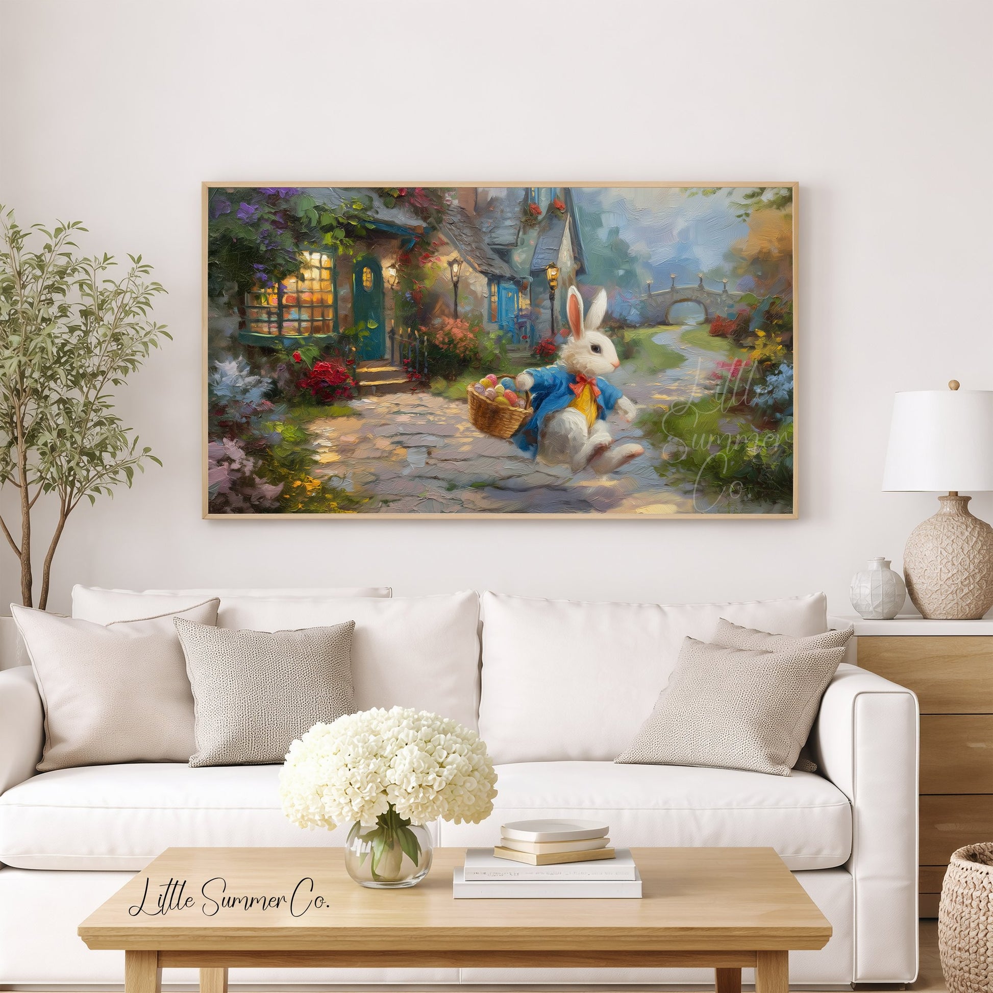 Easter Bunny with Egg Basket Frame TV Art displayed on a TV