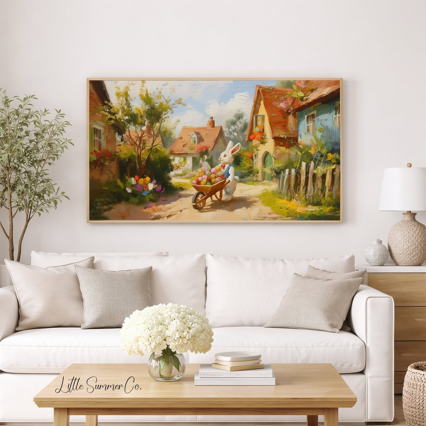 Easter Bunny Village Stroll Frame TV Art displayed on a TV