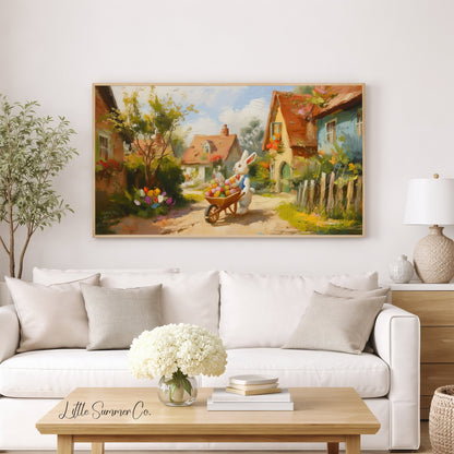 Easter Bunny Village Stroll Frame TV Art displayed on a TV