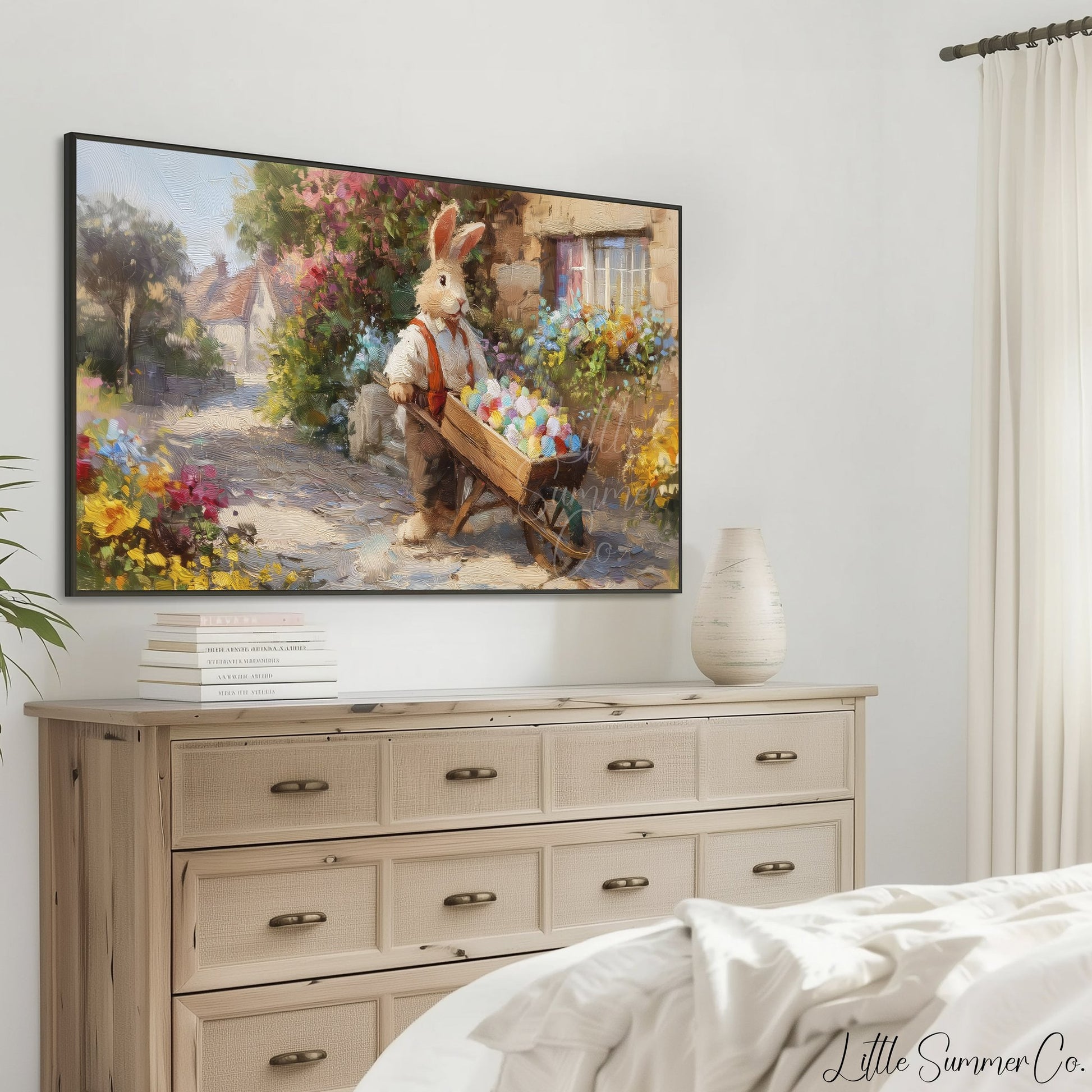 Easter Bunny with Wheelbarrow Frame TV Art displayed on a TV