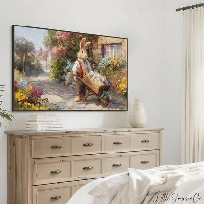 Easter Bunny with Wheelbarrow Frame TV Art displayed on a TV