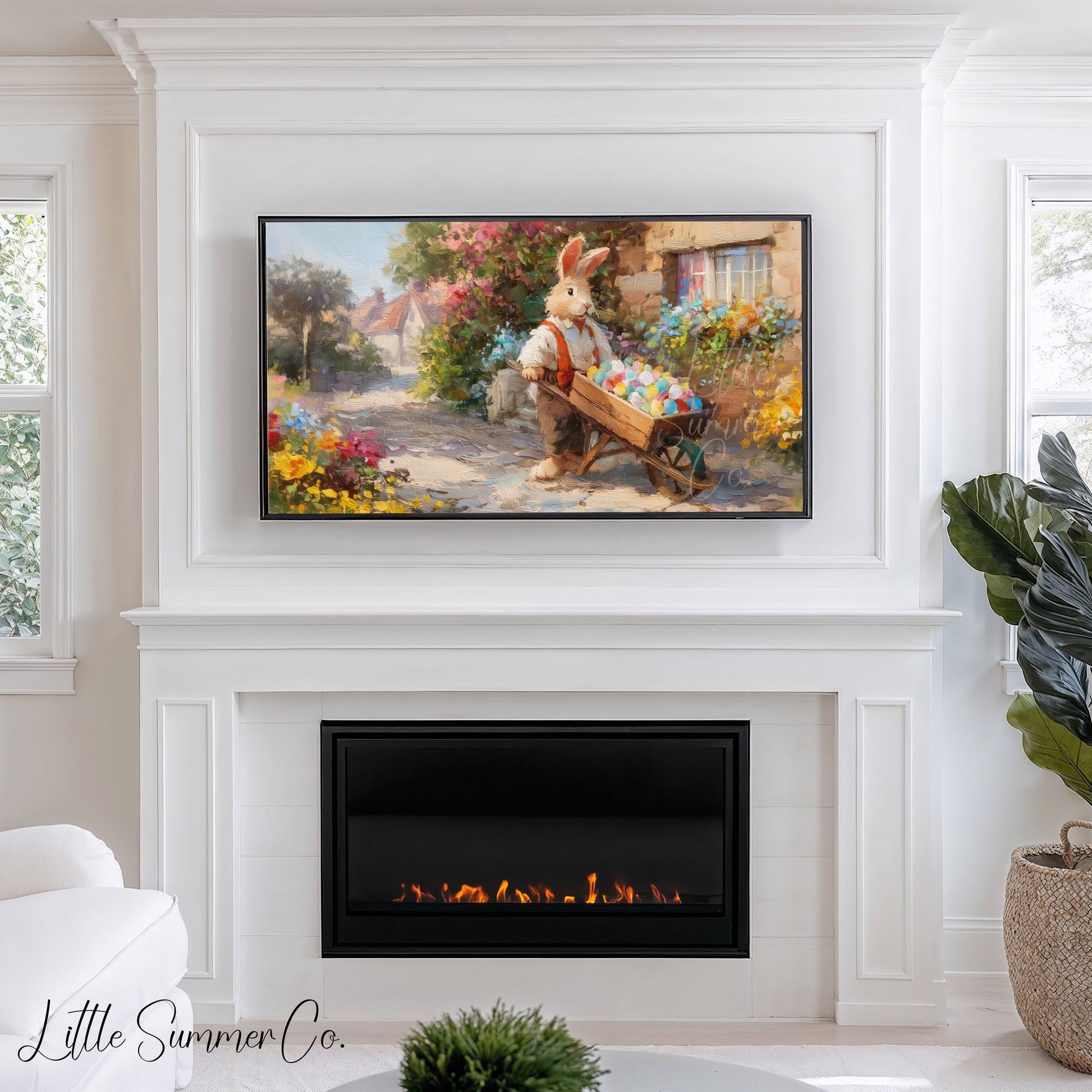 Easter Bunny with Wheelbarrow Frame TV Art displayed on a TV