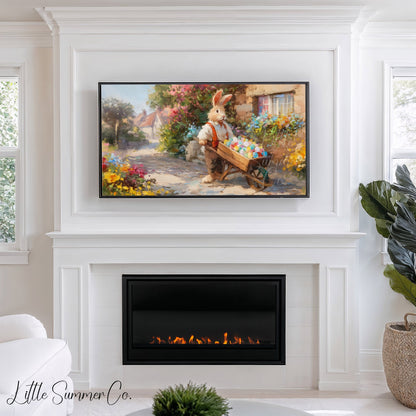 Easter Bunny with Wheelbarrow Frame TV Art displayed on a TV
