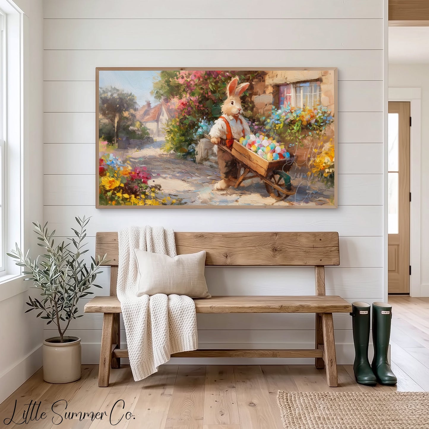 Easter Bunny with Wheelbarrow Frame TV Art displayed on a TV