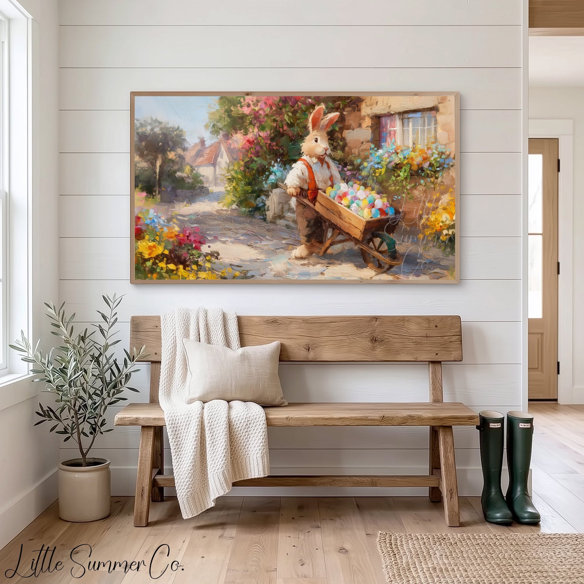 Easter Bunny with Wheelbarrow Frame TV Art displayed on a TV
